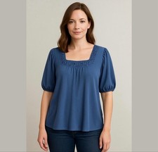 August Silk bordado crochet top mangas abullonadas 1X Coqueta abuela costera