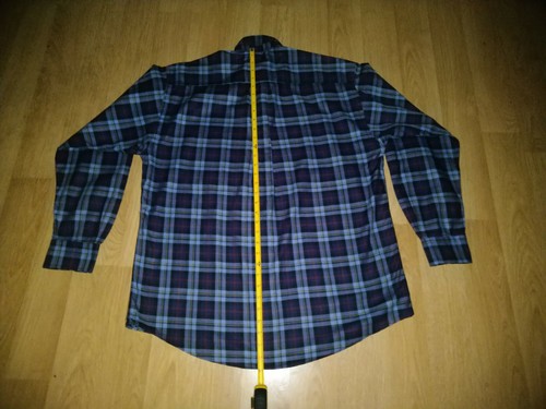 Back of Vtg Burberry London plaid button up shirt in dark blue with red, white, and blue plaid pattern, Sz L, Made in USA.