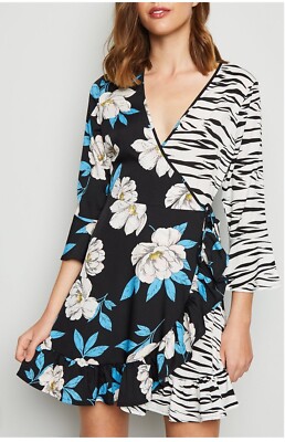 Influence Blue Floral White Tiger Print Frill Sleeve Wrap Dress
