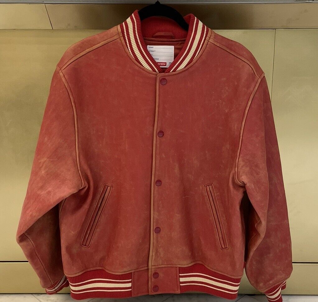 Supreme Leather Jacket Red Bomber Varsity Medium Painted Supreme Leather Jacket Red Bomber Varsity Medium Painted