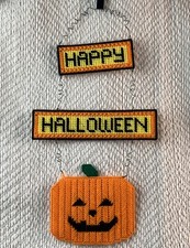 VTG Happy Halloween Handcrafted Plastic Canvas Pumpkin Yarn Wall Hanging Decor