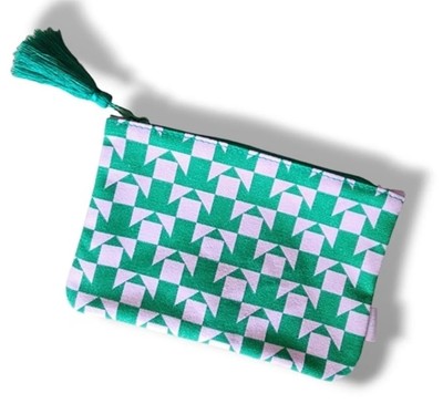 Ipsy Tassel Zippered Cosmetic Bag Geometric Green & Soft Pink Pouch Toiletries