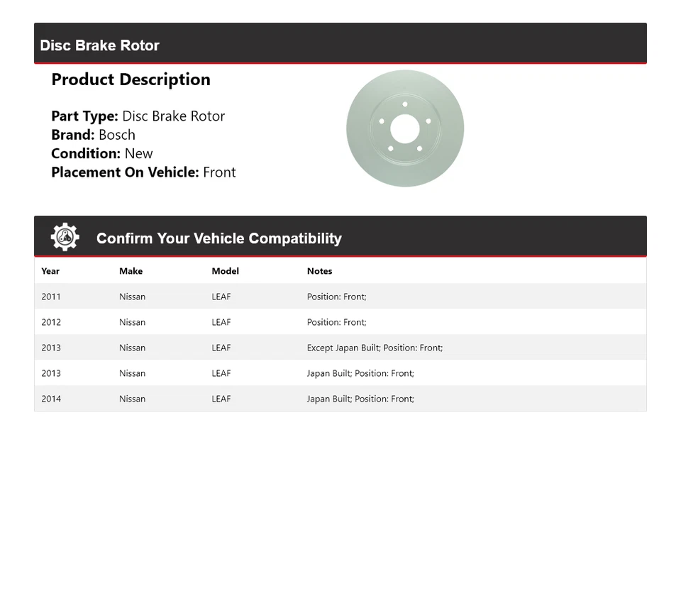 For 2011-2014 Nissan LEAF Bosch QuietCast Disc Brake Rotor Front 2012 2013 - Image 2 of 4