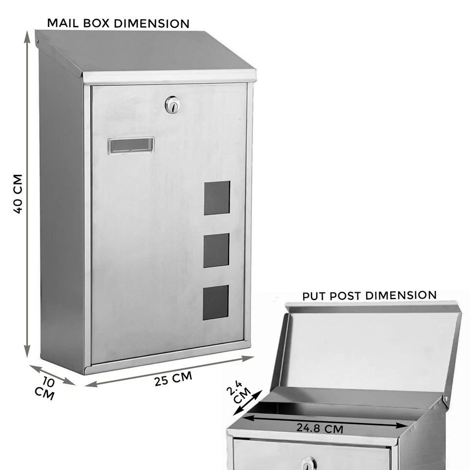 Wall Mounted S/S Steel Lockable Mail Letter Post Box Newspaper Holder - Image 3 of 4