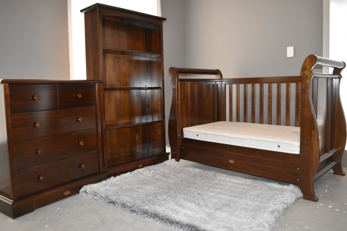 Boori Sleigh in Cot Bed Mattress, Four Drawer Chest, Large Bookcase