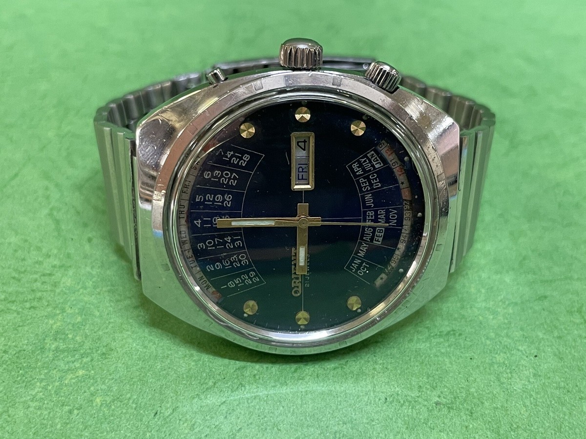 Vintage ORIENT CALENDAR G46967-ACpt automatic Blue DATE SS Big
