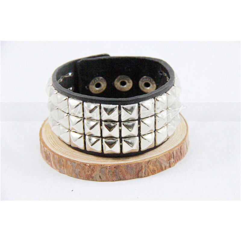 Pyramid Studded 3 Row Punk Bracelet Wrist Cuff Real Cowhide Pyramid Studded 3 Row Punk Bracelet Wrist Cuff Real Cowhide