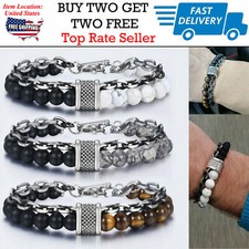 Fashion Stainless Steel Chain Bangle 8MM Natural Stone Beaded Bracelets For Men