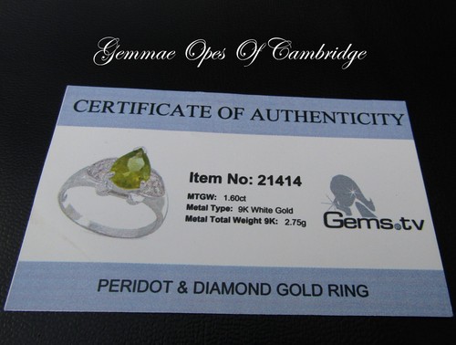 9ct White Gold Peridot and Diamond Ring Pear Cut Size N 3.11g Certified 9k - Picture 8 of 11