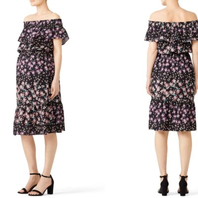 Rosie Pope Serena Black Multicolor Floral Off the Shoulder Maternity Dress Sz M