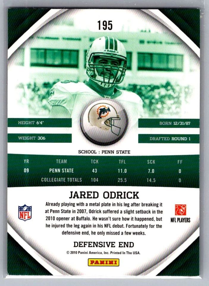 2010 Panini Gridiron Gear #195 Jared Odrick - Image 2 of 2