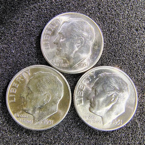1951-P-D-S Roosevelt Dimes (3 Coins) - 90% Silver - BU Condition - Light Toning