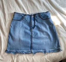 Younique Raw Hem Metallic Thread Fringe Distressed Embroidered Jean Skirt