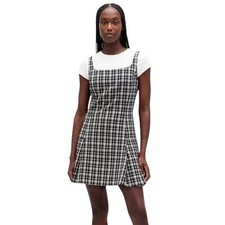 Gap Black Grey Plaid Square-Neck Pleated Mini Dress Side Hem Pleat Mini Pinafore