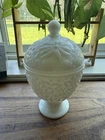 Vintage AVON Egg Shaped Acorn Milk Glass Floral Design Container w/ Lid Jar Dish
