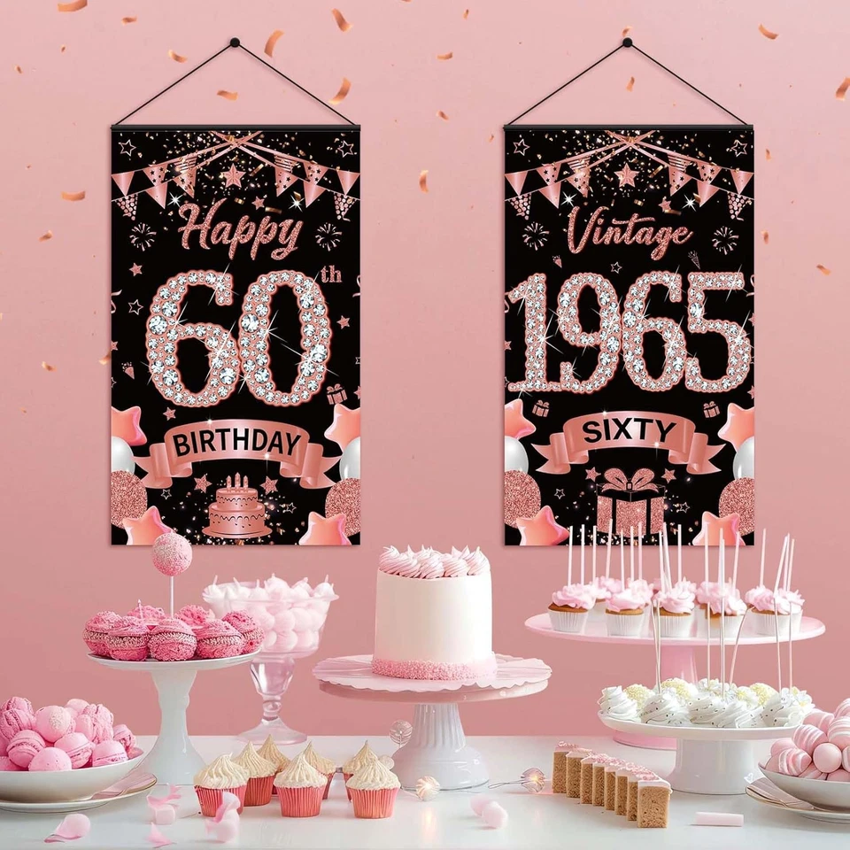 2Pcs 60Th Birthday Decorations for Women, Rose Gold and Black Vintage 1965 Door - Image 4 of 4