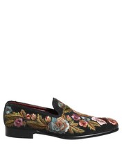 Dolce & Gabbana Black Velvet Floral Embroidery Loafers Men's Shoes
