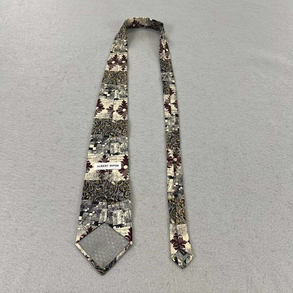 Vintage Albert Nipon Tie Mens Silk Paisley Floral Abstract Made USA Burgundy 90s - Image 4 of 4