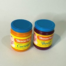 Vintage Beech-Nut Baby Food Jars Doll Accessories Strained Carrots Beef Set of 2
