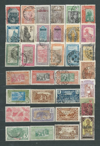 3 ) FRENCH COLONIES 1920/1940 : ALBUM PAGE DIFFERENT OLDER USED STAMPS - THEMA