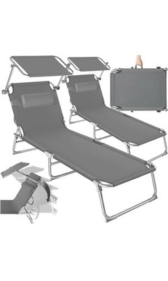 tectake Sonnenliege 2er-Set klappbar mit Sonnendach, Kissen, grau 110 kg