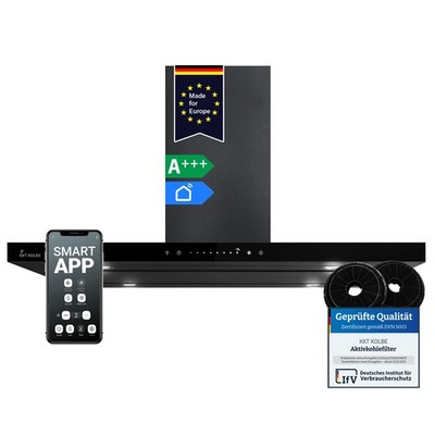 Dunstabzugshaube 90cm Inselhaube schwarz Glas Smart WiFi App Nachlaufautomatik