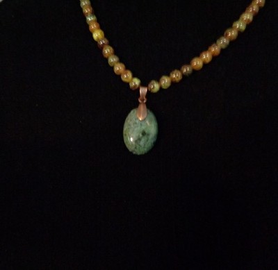 Artisan crafted, Moss Agate pendant on 18  agate strand,copper snake chain,lobst