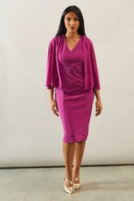 Wallis Womens Berry Pencil Dress Sleeveless Lace Trim Cape Detail Midi