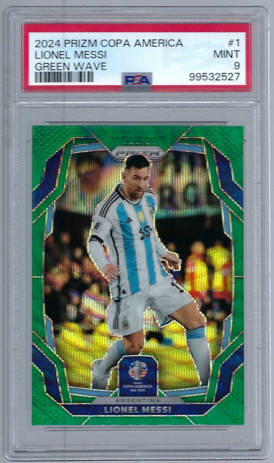 Lionel Messi 2024 Panini Prizm Copa America Green Wave Graded PSA 9