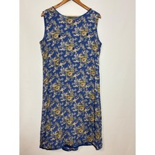 April Cornell Dress Women L Blue Floral Midi Sleeveless Tie Back Beaded Lined