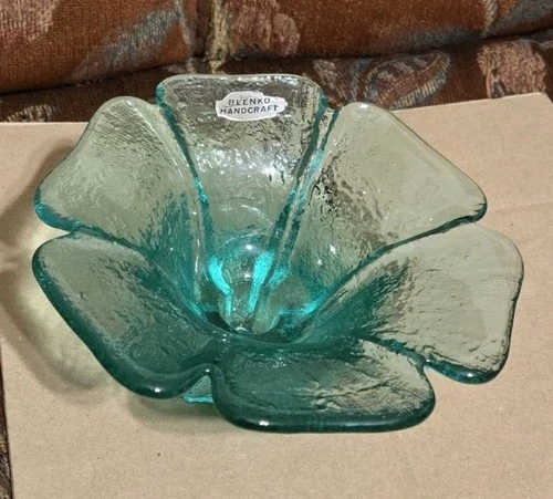 Vtg Blenko Glass Flower Candle Holder Sea Green