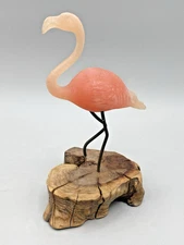 Vintage John Perry Pink Flamingo On Burl Wood 6"H Sculpture 1986