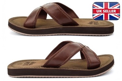 Herren Weite Passform Sandalen Strand Flip Flops Crossover Pantolette Sandaletten Lederoptik