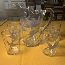Vintage Ice Tea/juice Pitcher and 5 Glasses with AC Blue Bird symbols 1930  s