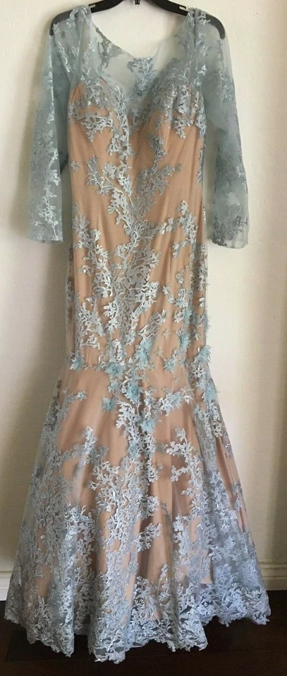 TERANI COUTURE синий голая бисером кружева длинным рукавом русалки платье 16 = XL 1711GL3530 - Изображение 4 из 4