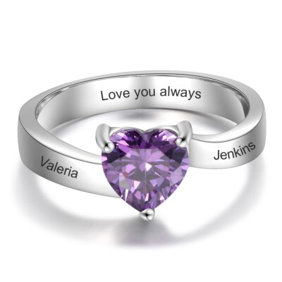 Personalized Mother's Ring 1 Heart Birthstone 2 Names 925 Sterling Silver