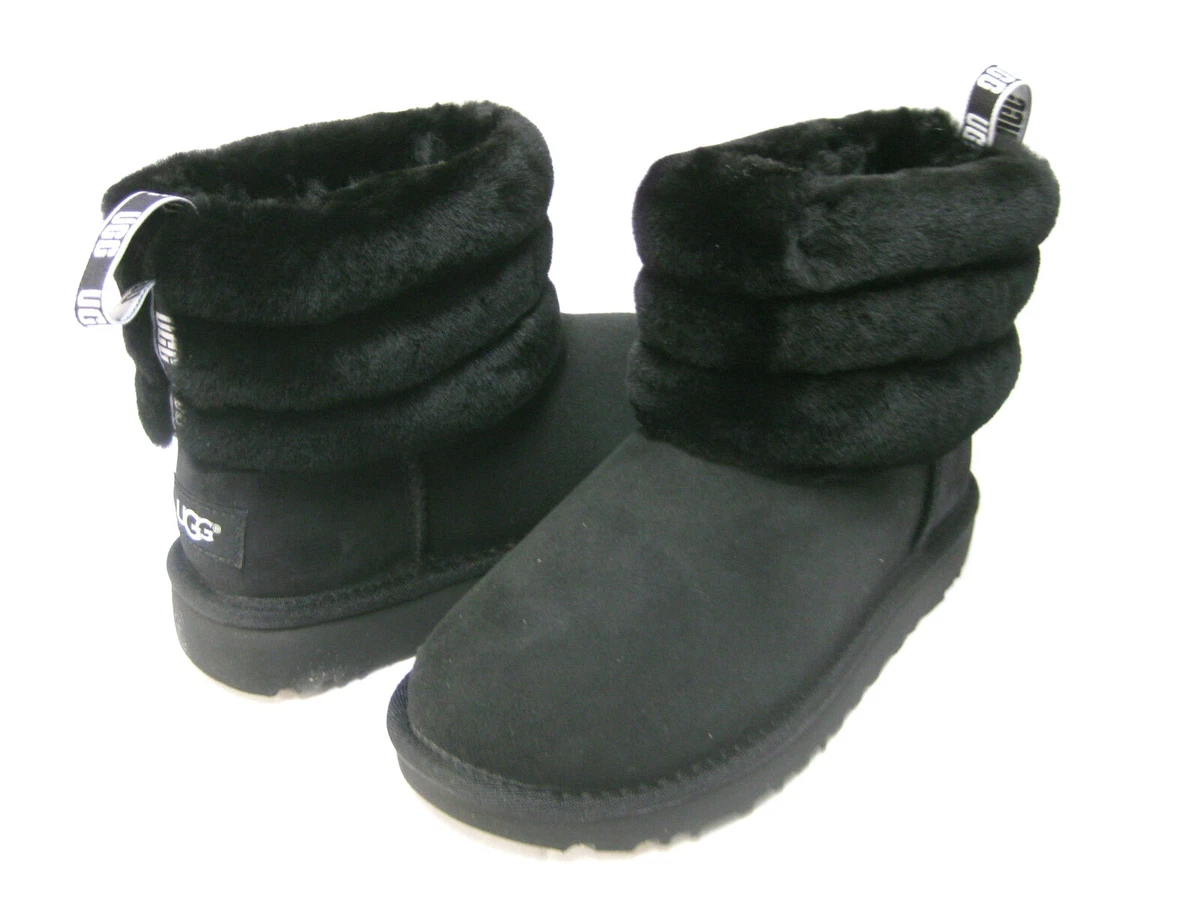 UGG FLUFF MINI QUILTED WOMEN ANKLE BOOTS SUEDE BLACK US 7 /UK 5