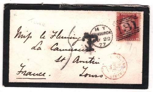 GB QV 1d Cover Edinburgh *DOTTED CIRCLE* Duplex 1877 France TAXE 5c Charge XD51 - Picture 5 of 15