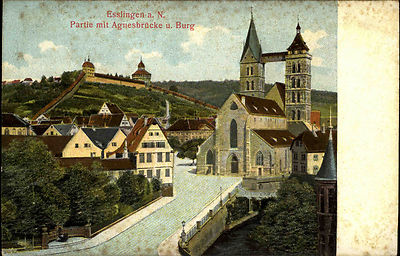 ESSLINGEN am Neckar ~1900 Litho-AK Prägekarte Strasse a.d. Agnes-Brücke mit Burg