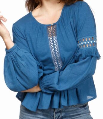 $104 Lucky Brand Womens Blue Relaxed Fit Cutout Illusion Peasant Top Size Large