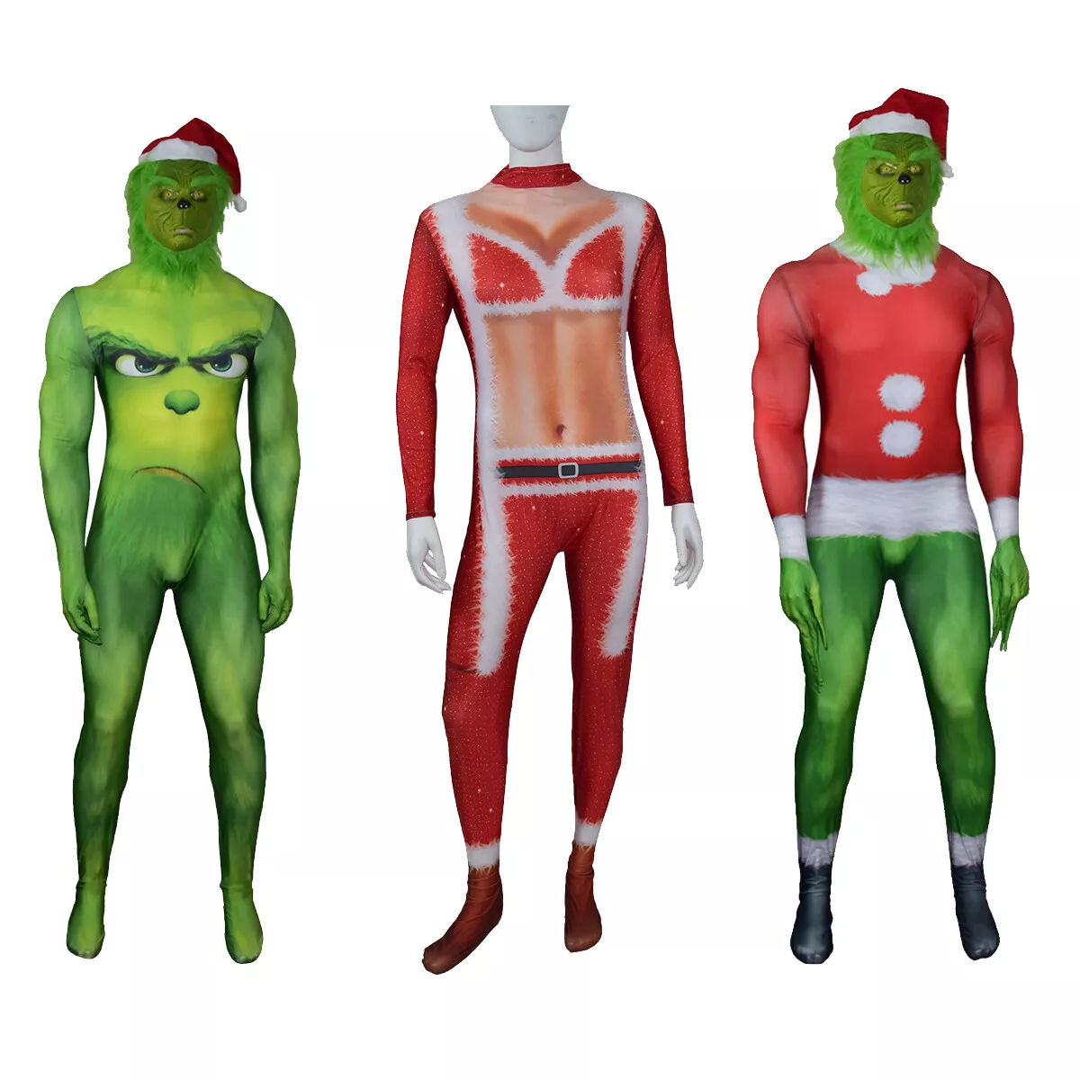 Cosplay Christmas Grinch Mask Jumpsuit Adult Kids Bodysuit Halloween  Costumes