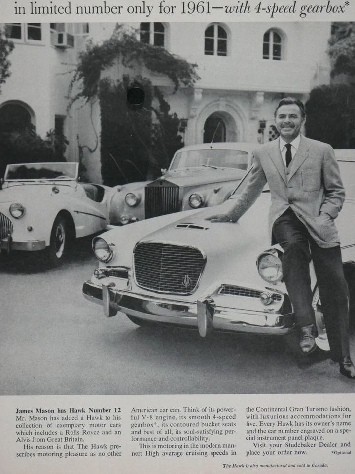 1961 Studebaker Hawk GT-4 Speed # 12 James Mason Vintage Rolls Royce 8.5x 11" - Image 4 of 4