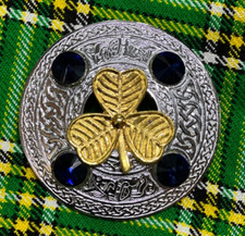 Scottish Kilt Fly Plaid Brooch Irish Shamrock Gold Finish Badge In 4 Blue Stones