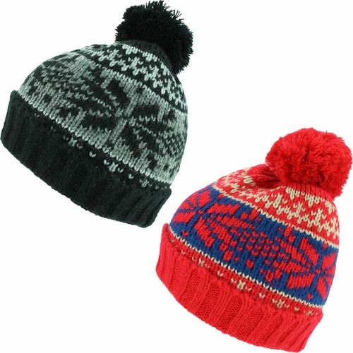 FAIRISLE PATTERN KNIT BOBBLE BEANIE HAT 