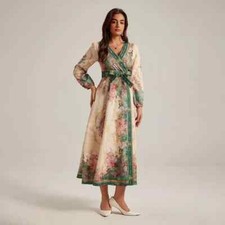 Abito Donna Elegante Lungo Morbido Verde Beige Raso Chiffon Cintura 24030
