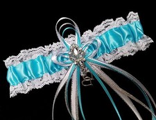 Turquoise Blue Satin White Lace Wedding Prom Bridal Garter Belt with Rhinestones