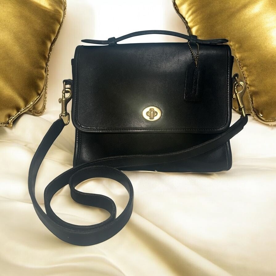 VTG Coach Purse Black Leather Brass Court Bag 9870 USA 90s