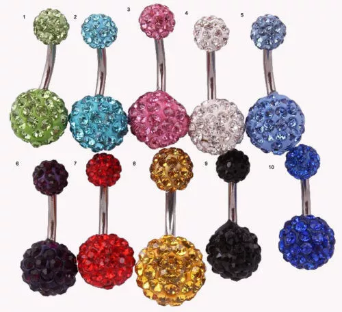 12mm Shamballa Belly Navel Bar Crystal Disco Ball DOUBLE Crystal Ball FREE POST