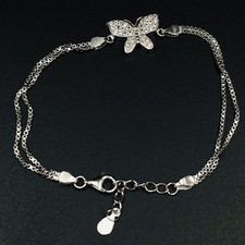 925 Sterling Silver Butterfly Charm Double Chain Link Bracelet 7.5"