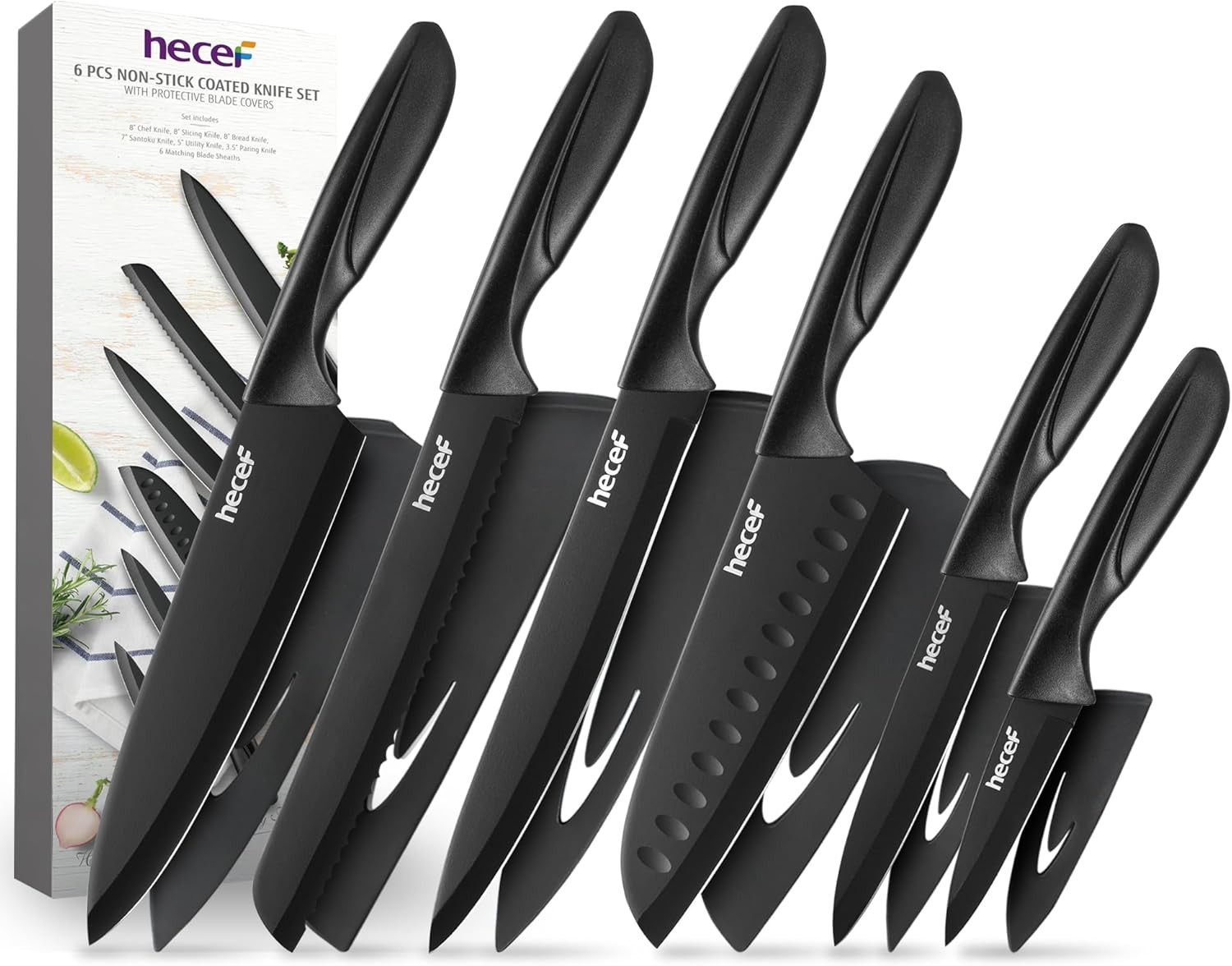 Set Coltelli Da Cucina, 6 Pezzi Coltelli in Acciaio Inox Con Nero Rivestimento A